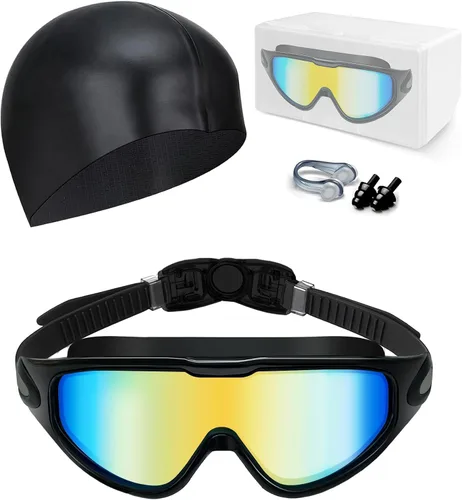 Miniatura 10 de Gafas de natación antivaho anti UV, visión amplia y sin fugas, gafas de natación y gorro de natación para hombres, mujeres, adultos y jóvenes Negro