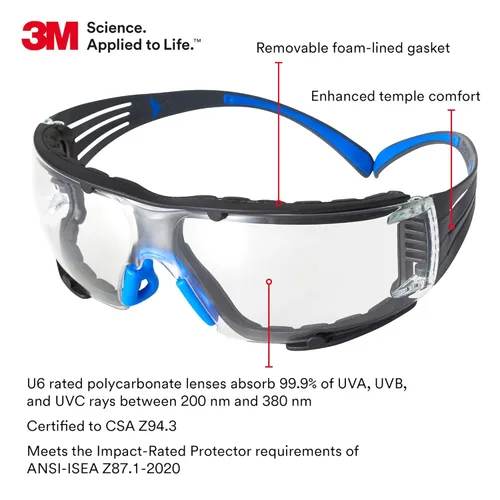 Miniatura 3 de 3M - Lentes de seguridad SecureFit, paquete de 20, ANSI Z87, antiarañazos y antivaho Scotchgard, lente transparente, marco azul/gris, varillas