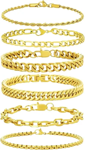 Miniatura 7 de XIANNVXI Juego de 6 pulseras de acero inoxidable para hombre y mujer, color plateado/dorado/negro, pulseras de eslabones cubanos, estilo soga
