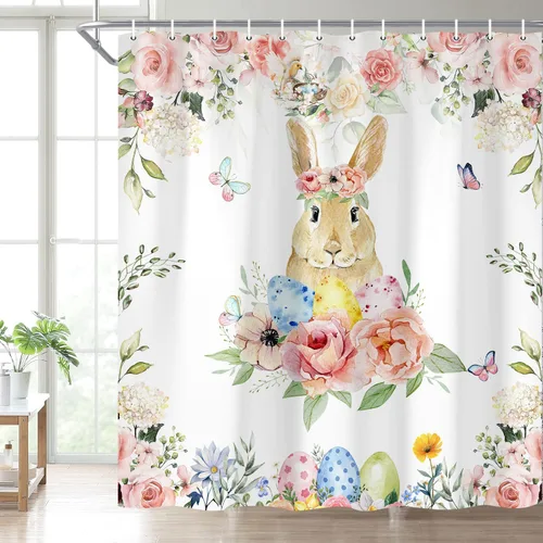Miniatura 2 de Wathon Bonita cortina de ducha de conejo de Pascua, juego de decoración de baño con mariposa floral, tela de tela, juego de decoración de baño