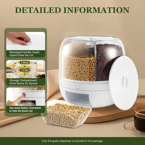 Miniatura 6 de Dispensador de arroz, contenedor de arroz giratorio de 360° con tapa y taza medidora, organizador de almacenamiento de granos para encimera