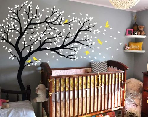 Miniatura 5 de Vinilo decorativo para pared de árbol grande con pájaros y hojas que soplan en el viento, adhesivo mural de bosque