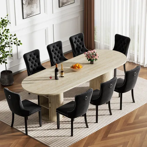 Miniatura 21 de Mesa de comedor redonda extensible con base de almacenamiento, mesa de comedor expandible natural de 63 a 94 pulgadas para 10 personas, mesa