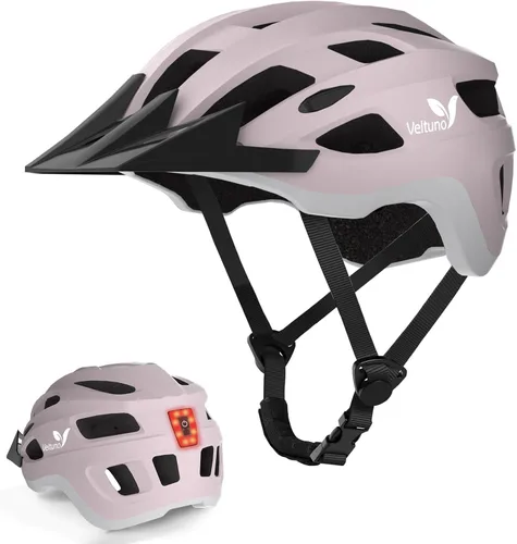 Casco de bicicleta para adultos, casco ligero de bicicleta de montaña con luz trasera LED recargable por USB, visera solar extraíble para mujeres,