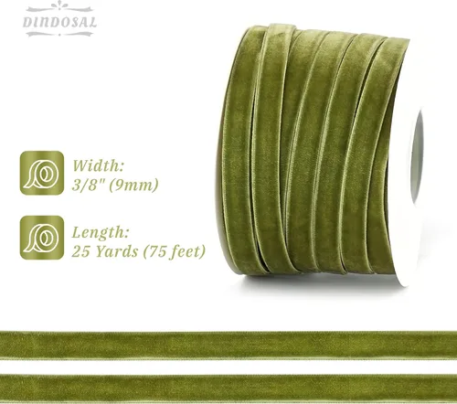 Miniatura 2 de Cinta de terciopelo verde musgo de 3/8 pulgadas de una sola cara, cinta de terciopelo fina para envolver regalos, verde oliva para decoraciones