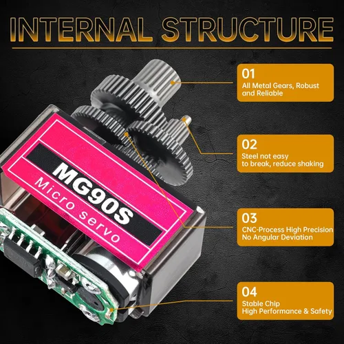 Miniatura 4 de Paquete de 2 micro servomotores MG90S con engranaje de metal 9G para helicóptero, avión, barco, robot inteligente, controles de automóvil