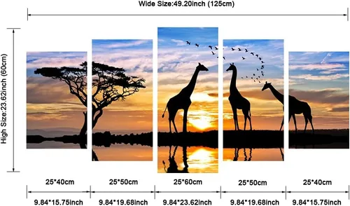 Miniatura 6 de Pyradecor 5 piezas de lienzo de paisaje africano estirado moderno, diseño de animales, puesta de sol, pinturas sobre lienzo, arte de pared para sala
