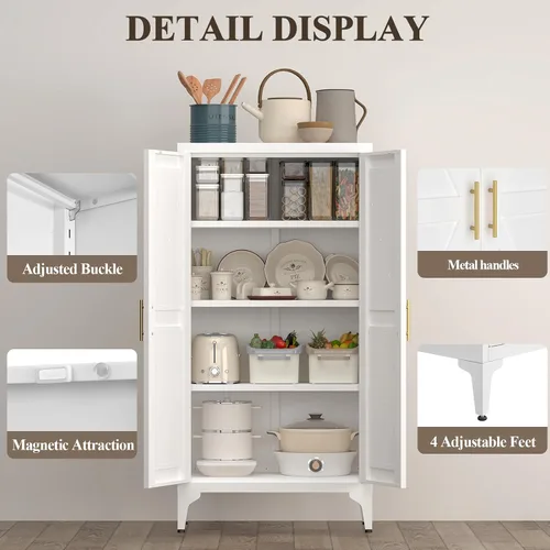 Miniatura 4 de Armario de almacenamiento de metal de 47 pulgadas de alto, gabinetes de almacenamiento de cocina con puertas y estantes, armario de metal blanco