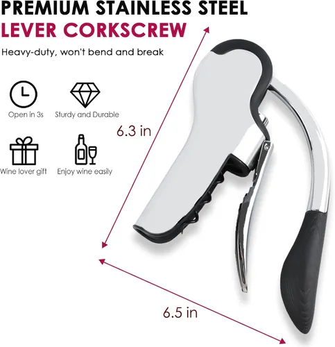Miniatura 6 de KAYCROWN Abrebotellas de vino de acero inoxidable, sacacorchos de palanca vertical con diseño de cortador de lámina incorporado, sacacorchos de mano