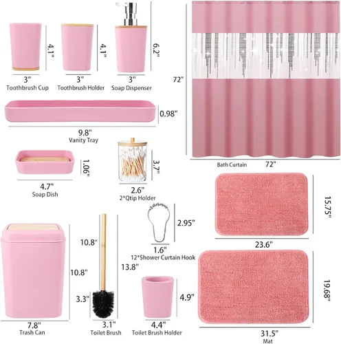 Miniatura 7 de Juego de accesorios de baño rosa con cortina de ducha y alfombras con purpurina, juegos de baño con alfombras de baño extrasuaves y absorbentes