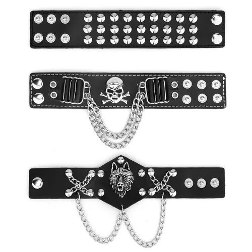 Miniatura 4 de YARIEW 3 piezas de pulsera con tachuelas con remaches, punk, pulsera de cuero, para motociclista, rockero de los años 80, disfraces para hombres