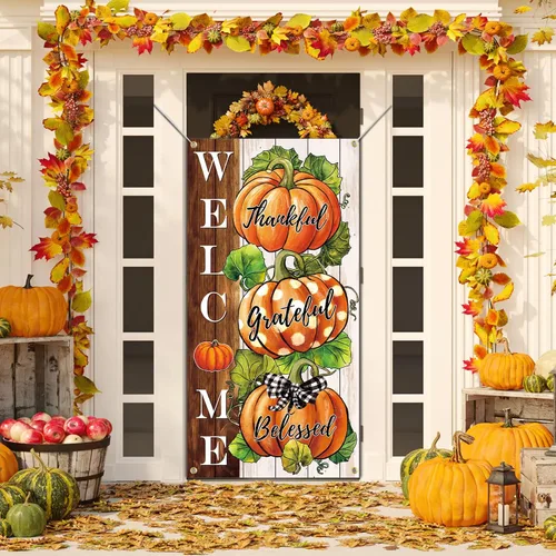 Miniatura 2 de SENSEVEN Cartel de Acción de Gracias de calabaza de otoño, cubierta grande para puerta de otoño, decoración de porche de bienvenida de otoño de 70.9