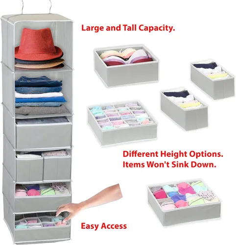 Miniatura 3 de Simple Houseware Organizador de armario colgante de 6 estantes con 5 cajones de almacenamiento, gris