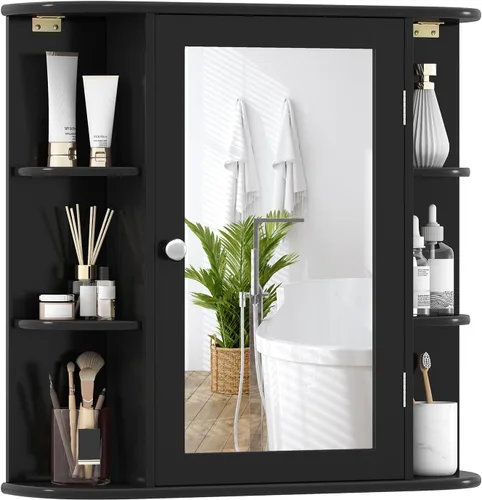 Giantex Armario con espejo de baño, botiquín montado en la pared con puerta de espejo y 4 estantes interiores, 6 estantes abiertos, accesorios de