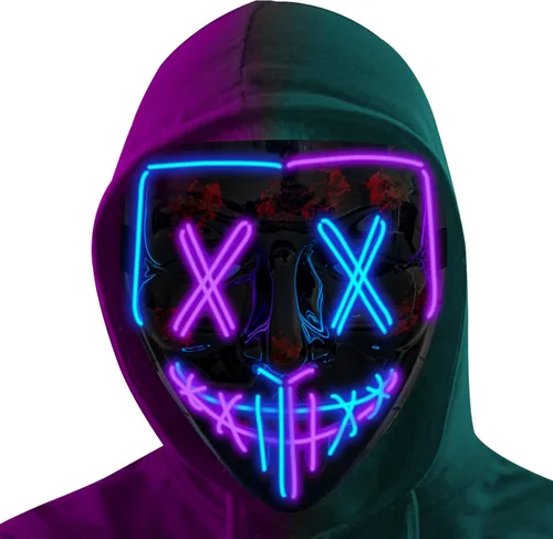 Miniatura 12 de Poptrend Máscara de Halloween con luz LED para festivales, cosplay, disfraz de Halloween, fiestas de máscaras, carnaval, regalos (azul)