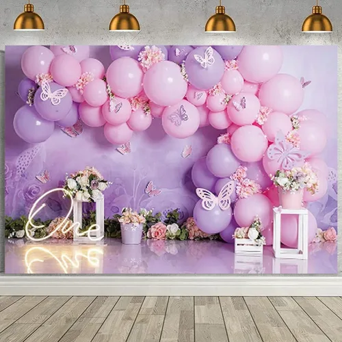 Miniatura 3 de Fondo de fotografía para fiesta de cumpleaños de niña, globos rosas y morados, mariposa, país de las maravillas, baby shower, flores, fondo