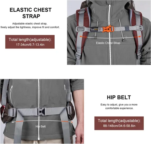 Miniatura 5 de MOUNTAINTOP Mochila de marco interno de 80L para hombre y mujer Mochila de senderismo con cubierta de lluvia Granate-80l
