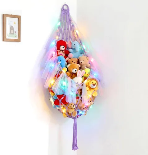 HunnmingRe Organizadores de almacenamiento de animales de peluche, red colgante de esquina con luces LED, almacenamiento de juguetes de 59 pulgadas,