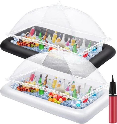 Miniatura 9 de Leitee Kit de barra inflable de 5 piezas, incluye bandeja de buffet de ensalada con tapón de drenaje, cubierta de malla, recipientes de bebidas