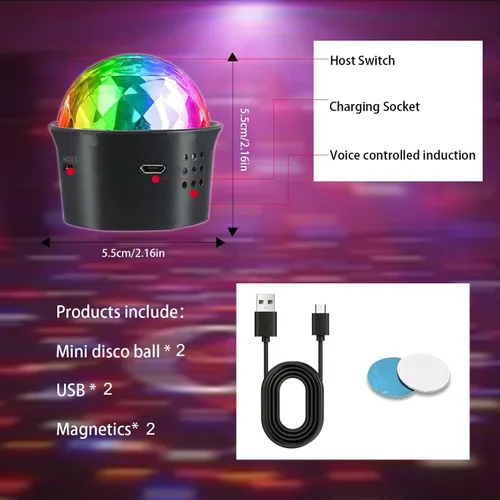 Miniatura 6 de Paquete de 2 mini luces de bola de discoteca activadas por sonido, luces de fiesta de discoteca multicolor, batería recargable por USB, luces