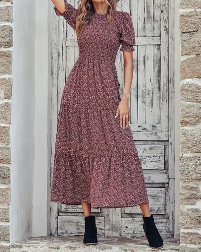 Miniatura 167 de BTFBM Vestidos para mujer, cuello redondo, casual, de verano, con volantes, manga corta, bohemio, con niveles, fruncido, largo, con estampado floral
