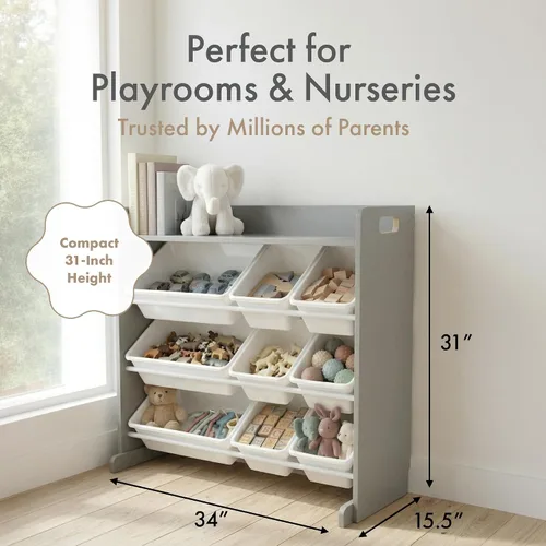 Miniatura 3 de Humble Crew Organizador de almacenamiento de juguetes con estante superior y 9 contenedores extraíbles, gris/blanco, estantería para niños pequeños