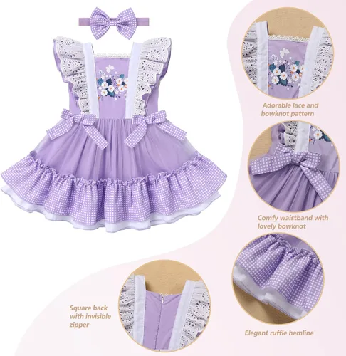 Miniatura 2 de Vestido de princesa a cuadros para bebé, sin mangas, vintage, de encaje, a cuadros, vestido de princesa acampanado con diadema