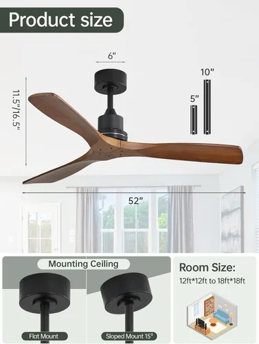 Miniatura 5 de Sofucor Ventiladores de techo de 52 pulgadas, sin luz, ventilador de techo para exteriores con control remoto, motor CC reversible de 3 cuchillas