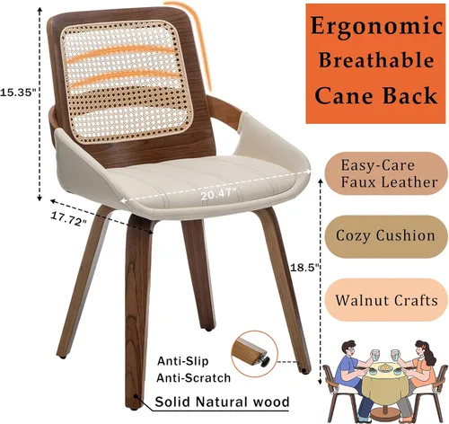 Miniatura 2 de Sillas de comedor de caña – Sillas de comedor modernas de mediados de siglo con marco de madera curvada de nogal, respaldo ergonómico de ratán