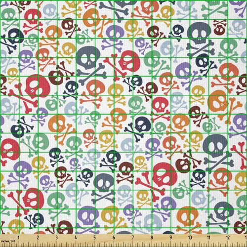 Miniatura 3 de Ambesonne The Yard, tela de calavera colorida con temática de Halloween, diseño de calavera y huesos cruzados, divertido estampado de dibujos
