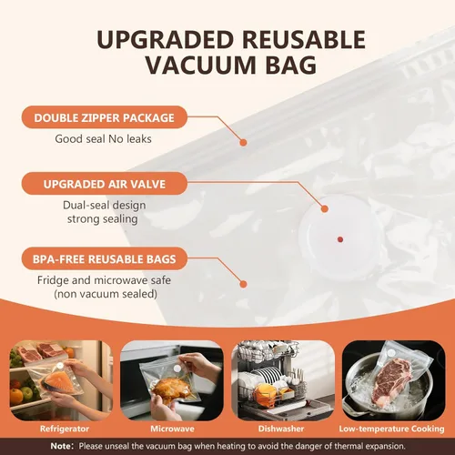 Miniatura 9 de Sellador al vacío para alimentos (selladores al vacío compactos + 30 bolsas de vacío reutilizables), potente sellador al vacío de mano