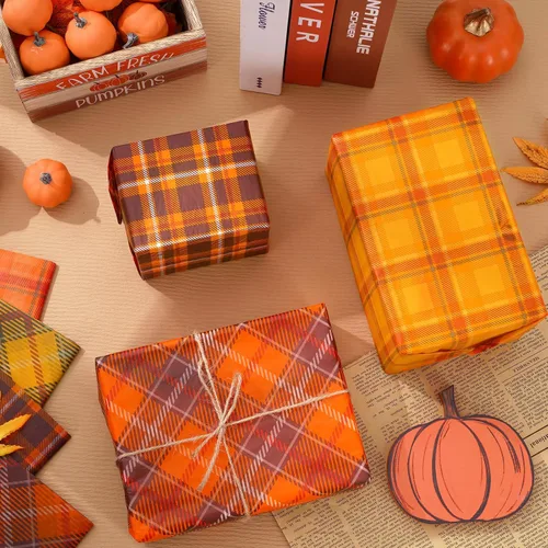 Miniatura 5 de Whaline 60 hojas de papel de seda a cuadros retro naranja marrón a cuadros decorativos para otoño, fiesta de Acción de Gracias, manualidades, 14 x