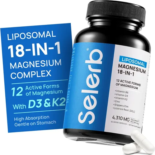 Complejo de magnesio 18 en 1 para mujeres y hombres | Suplemento de magnesio liposomal con glicinato, citrato, malato, taurato, D3 y K2 | Alta