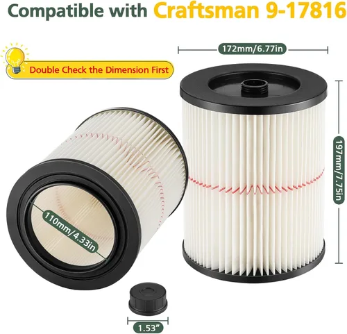 Miniatura 2 de 9-17816 - Filtro de cartucho de vacío de rayas rojas de repuesto compatible con Craftsman Wet/Dry 5/6/8/12/16/32 galones y más grandes (paquete de 2)