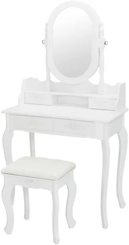 Miniatura 3 de Juego de mesa de tocador para tocador, mesa de maquillaje de madera, espejo ovalado, mesa de maquillaje para dormitorio con 4 cajones y taburete