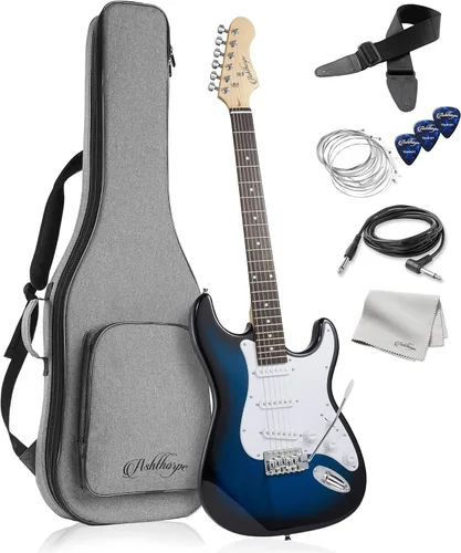 Ashthorpe - Guitarra eléctrica de 39 pulgadas (azul y blanco), kit de guitarra de tamaño completo con bolsa acolchada, barra de trémolo, correa,
