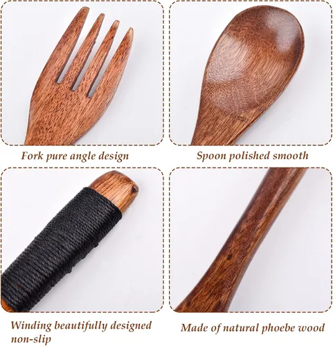 Miniatura 3 de Juego de cubiertos de madera, cuchara y tenedor, cubiertos de viaje reutilizables con estuche, utensilios portátiles, procesamiento de cuerda