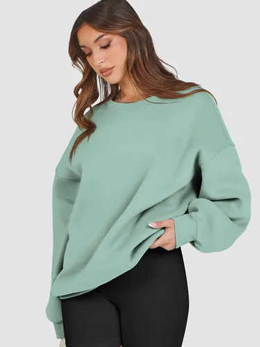 Miniatura 4 de ATHMILE Sudadera de gran tamaño para mujer, cuello redondo, forro polar, manga larga, sudaderas con capucha, tops de otoño, ropa de moda 2025