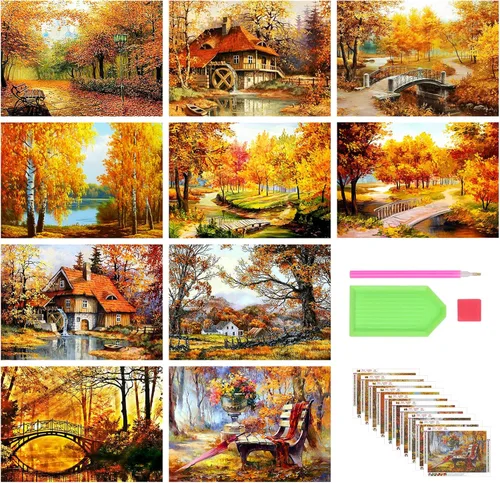 Miniatura 9 de Kits de pintura de diamante Stalente para adultos, paquete de 10 kits de arte de diamante 5D para principiantes, pintura de diamante redonda