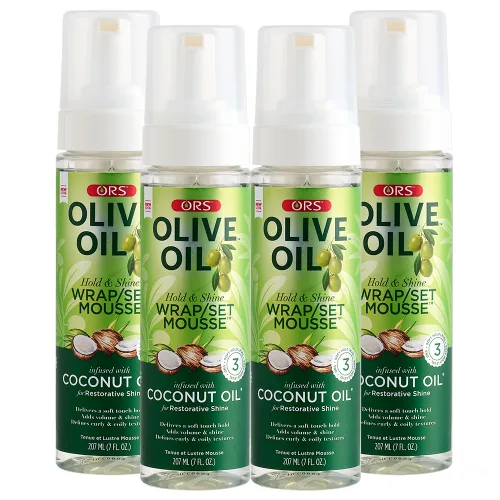Miniatura 12 de ORS Set de envoltura de aceite de oliva Hold & Shine Mousse infundida con aceite de coco para un brillo reparador, 7 onzas