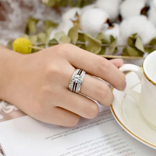 Miniatura 7 de Blongme Juegos de anillos de boda de catedral y clásicos para mujeres, plata esterlina 925, conjunto de anillos nupciales realzador, circonita