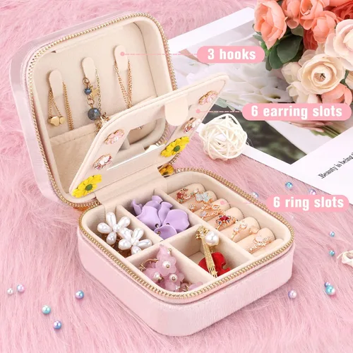 Miniatura 4 de DesignSter Joyero de viaje Mini organizador de joyería de terciopelo, pequeño joyero para niñas y mujeres, caja de almacenamiento de joyas