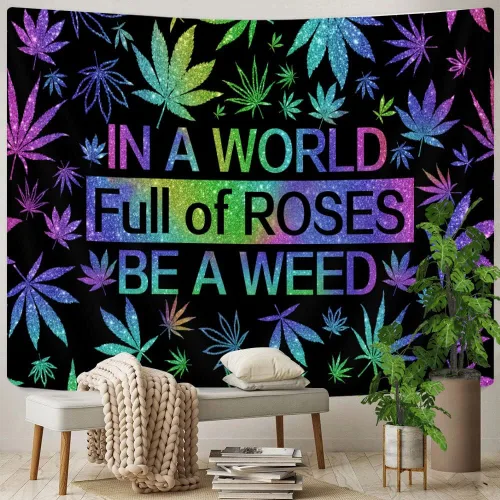 Miniatura 5 de GOAOK Tapiz de hierba trippy, hojas de cannabis psicodélicas frescas y citas divertidas para dormitorio y sala de estar, 60 x 40 pulgadas