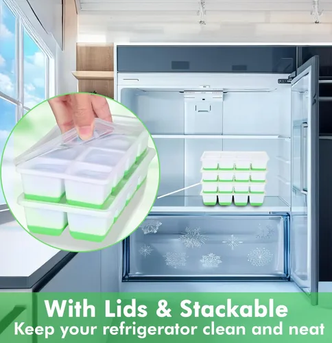 Miniatura 4 de Bandejas grandes para cubitos de hielo con tapa, paquete de 2 moldes apilables de silicona para congelador, fácil liberación, 16 bandejas de hielo