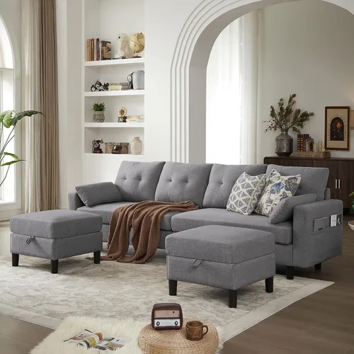 Miniatura 14 de Sofá en forma de U de 102.3 pulgadas con 2 otomanas móviles y 1 mesa auxiliar, se convierte en sofá cama, incluye 2 almohadas para reposabrazos