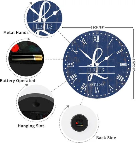 Miniatura 2 de Reloj de pared de madera de 15 pulgadas con nombre de familia personalizado con manecillas de metal, reloj de pared fácil de leer, reloj de pared