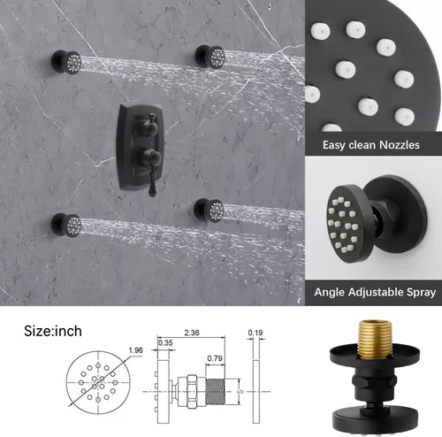 Miniatura 5 de Sistema de ducha antiguo con chorros de cuerpo, cabezal de lluvia montado en la pared de 9 pulgadas y rociador de mano de cerámica de latón vintage