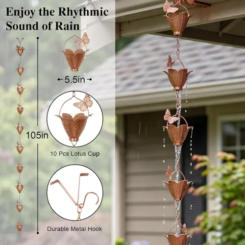 Miniatura 3 de Topadorn Cadena de lluvia de metal para decoración de 8.7 pies, canal de cadena de metal de 105 pulgadas para aleros de casa, jardín y hogar