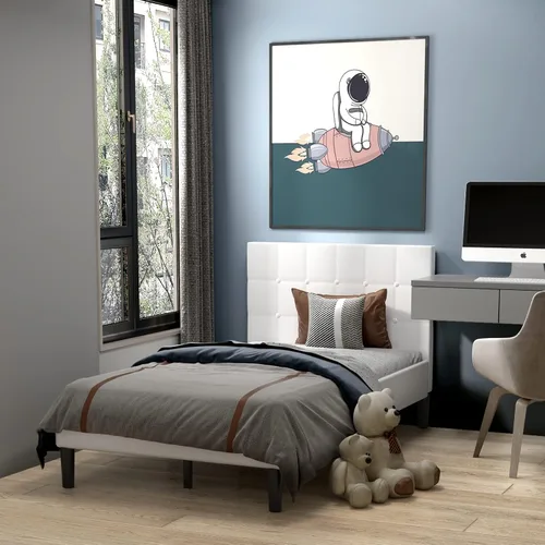 Miniatura 8 de Base de cama individual tapizada con cabecero, base de colchón de soporte de listones de madera maciza, no necesita somier y de fácil montaje, Beige