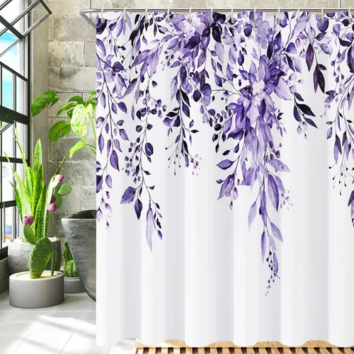 Miniatura 7 de Cortina de ducha, cortinas de eucalipto púrpura para baño, cortinas de baño con hojas en acuarela lavables, impermeables, juego de cortinas de hojas